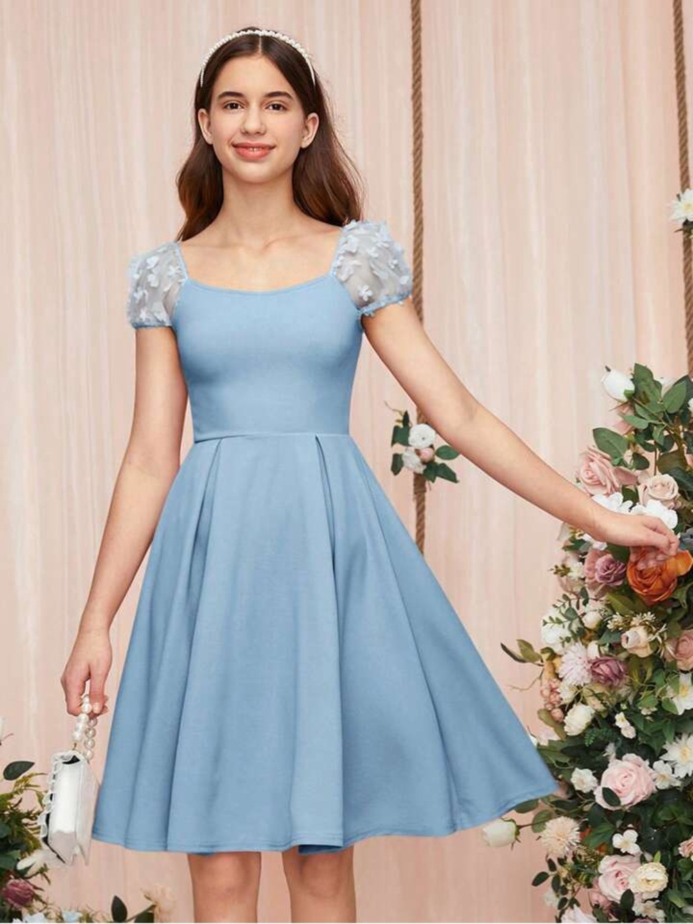 SHEIN Sky Blue Tulle Floral Puff Sleeve Girls' Dress